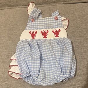 Smocked Blue Gingham Lobster Baby One-Piece